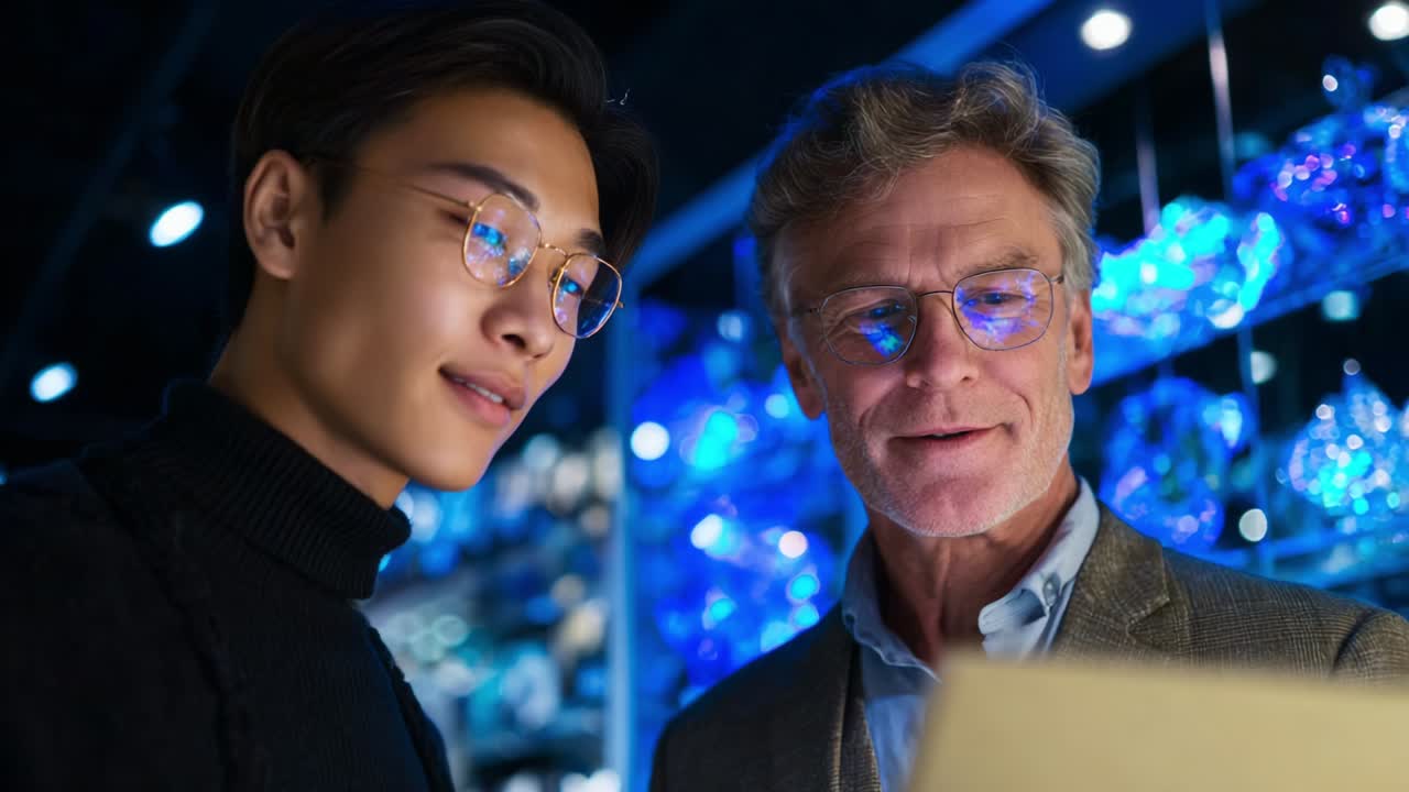 A thoughtful interaction unfolds between two individuals as they explore intricate details in a display, engaged in conversation amidst a backdrop of vibrant decorative glass pieces glimmering under soft lighting