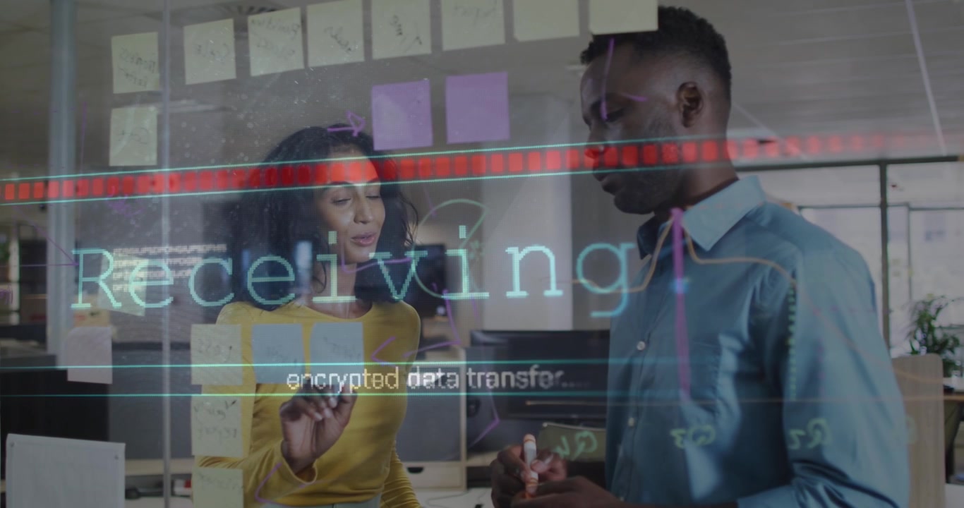 Animation of data processing over diverse business people in office