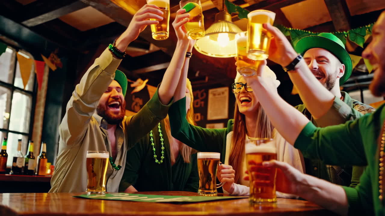 Friends celebrating St. Patrick's Day with a beer toast in a lively pub