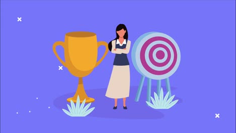 elegante mujer de negocios con objetivo y trofeo de animación