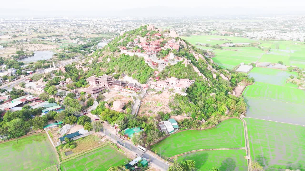 Aerial View of the Buddhist temple in Phan Rang–Tháp Chàm in the morning.