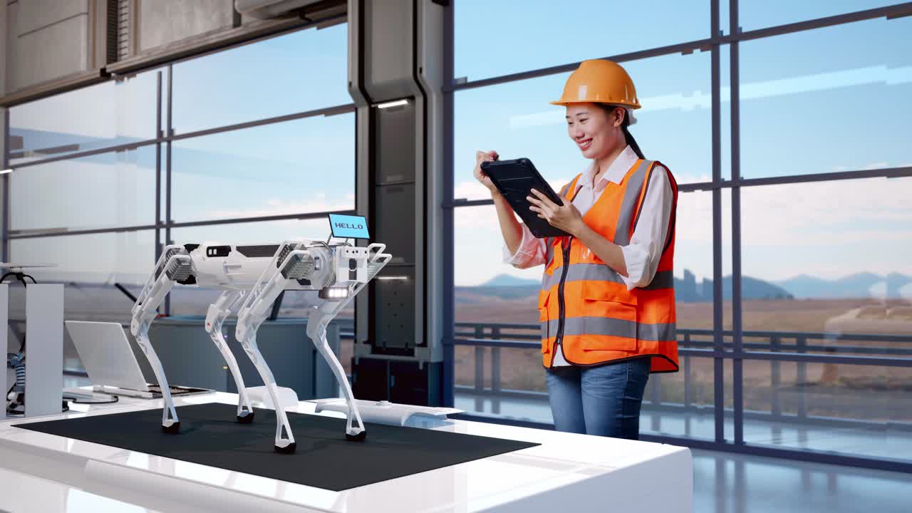 vista laterale completa del corpo di un'ingegnere asiatica con casco di sicurezza che prende appunti sul tablet e si guarda intorno mentre si trova in una fabbrica ad alta tecnologia, analizzando il concetto di macchina robotica