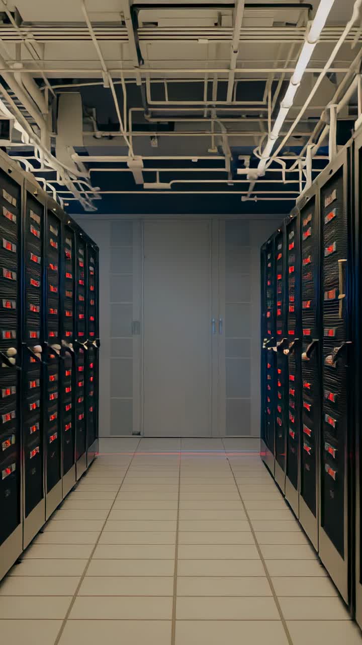 Vertical video: Pulsing red LED strip lighting central aisle and revealing blinking server racks
