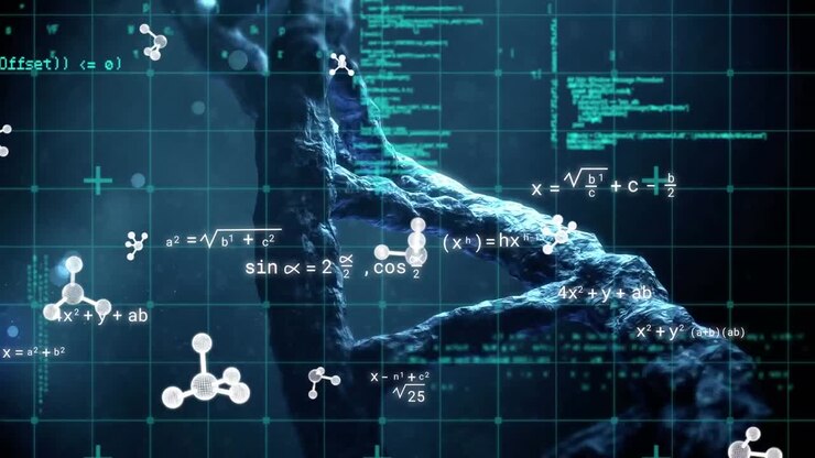 Animation of molecules, data processing, mathematical equations over dna strand on black background