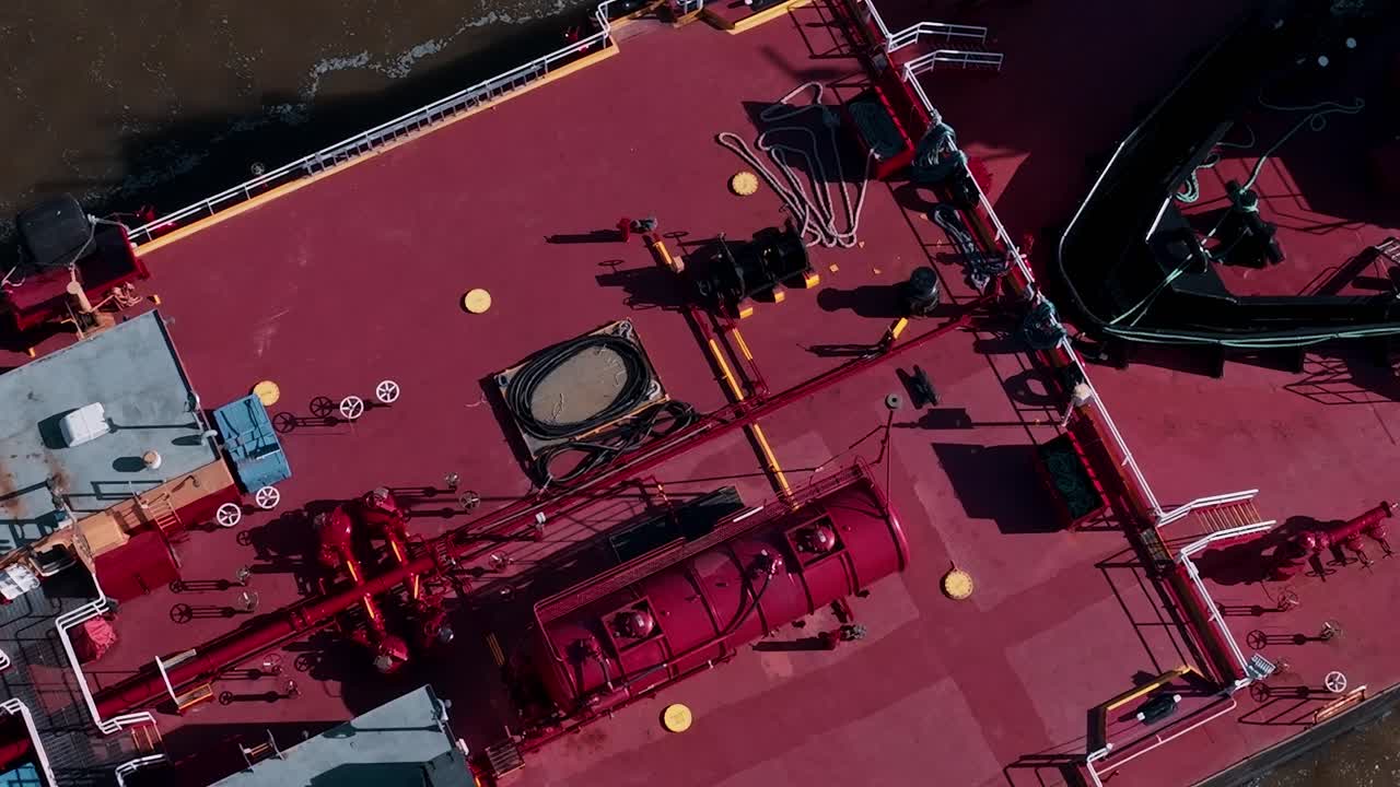 View from above of a red vessel in New York, USA near the water