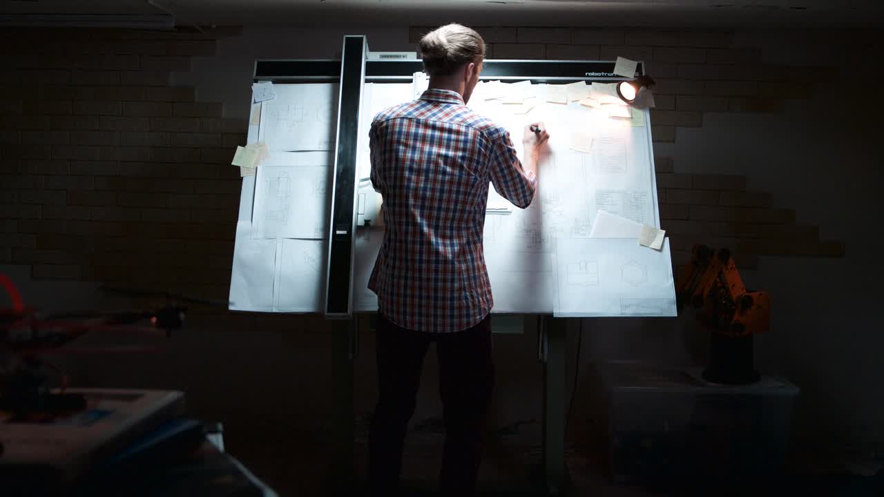 arquitecto trabajando en planos en un estudio del sótano