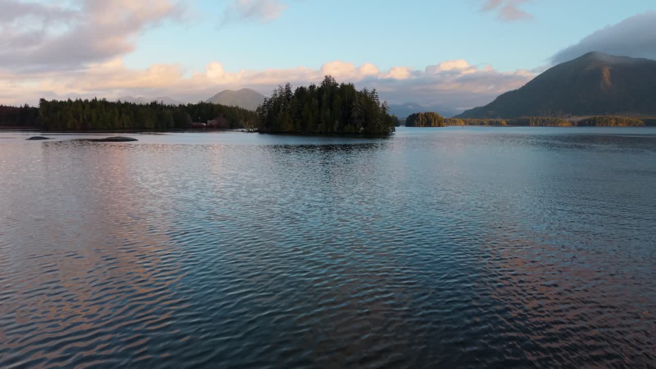 tomada de drone de tofino en la isla de vancouver que muestra colores de otoño, costa escarpada y olas del océano en una vista aérea panorámica.