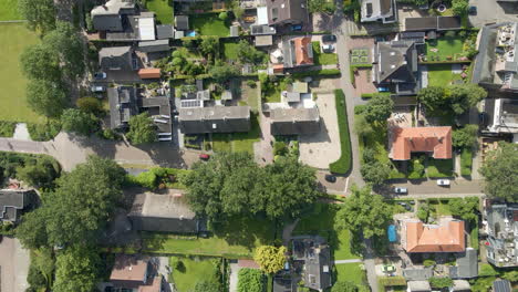 top down aerial of beautiful, wealthy neighborhood with green gardens and quiet streets