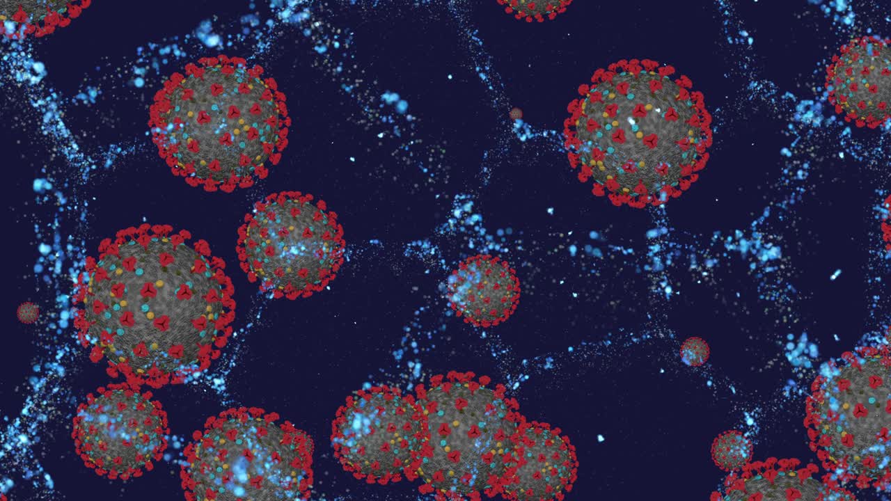 células de coronavirus covid-19 enfermedad infecciosa. transmisión rápida de la enfermedad. alta concentración de coronavirus. bucle de renderización 3d 4k