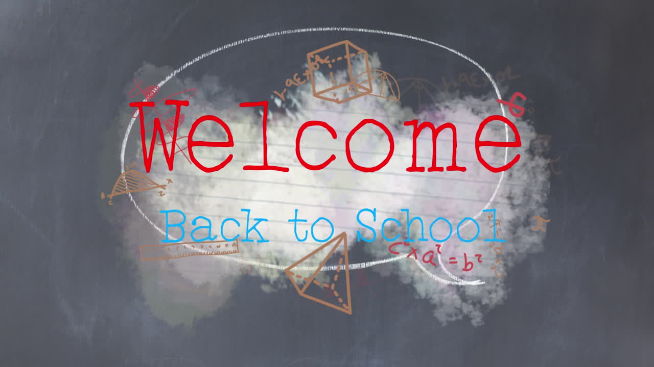 학교에 다시 오신 것을 환영합니다. 회색 배경의 수학 다이어그램에 대한 텍스트