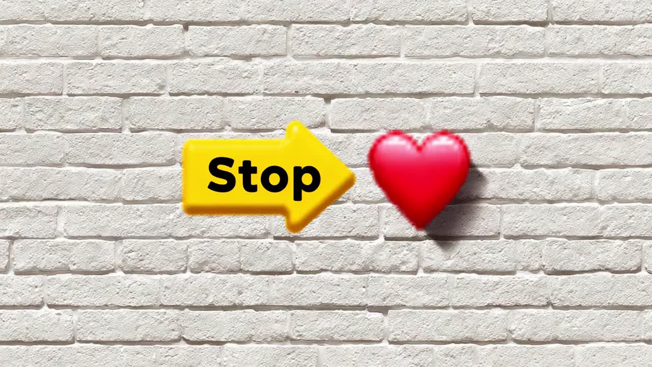 An eye-catching graphic featuring a bold yellow arrow labeled 'Stop' pointing towards a vibrant red heart set against a textured white brick wall background, conveying a significant emotional message