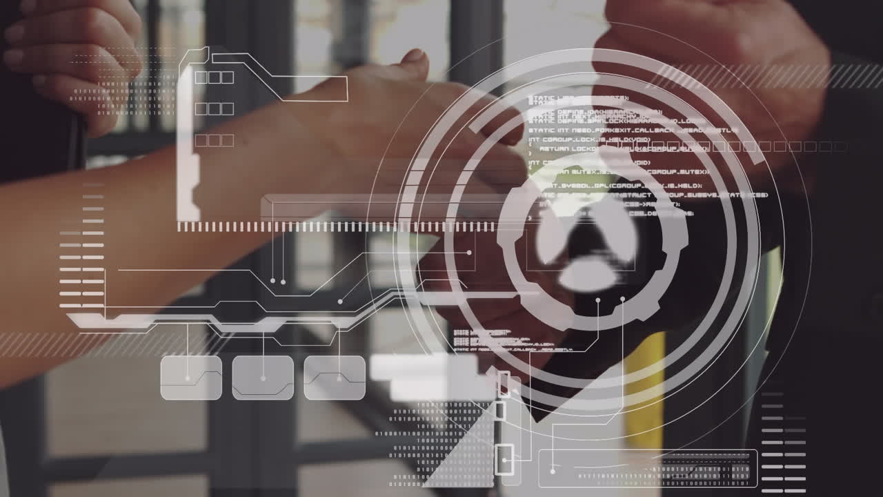 animación del procesamiento de datos sobre el apretón de manos de un hombre de negocios