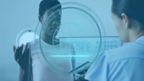 animation of scope scanning over diverse business people working in office