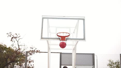 vista posterior de un joven jugando al baloncesto y lanzando una pelota a la canasta con éxito. disparo en cámara lenta