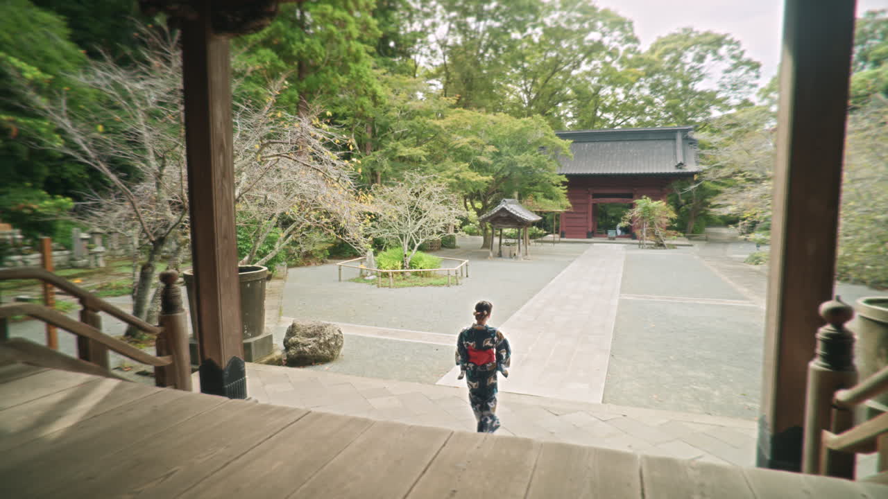 Woman in Kimono at Japanese Temple Garden