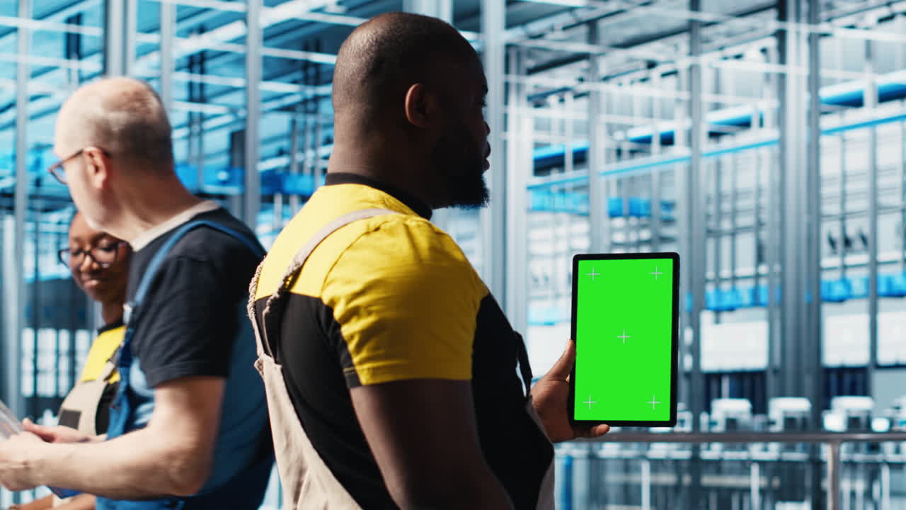 Worker using green screen laptop in smart factory, collecting and analyzing data