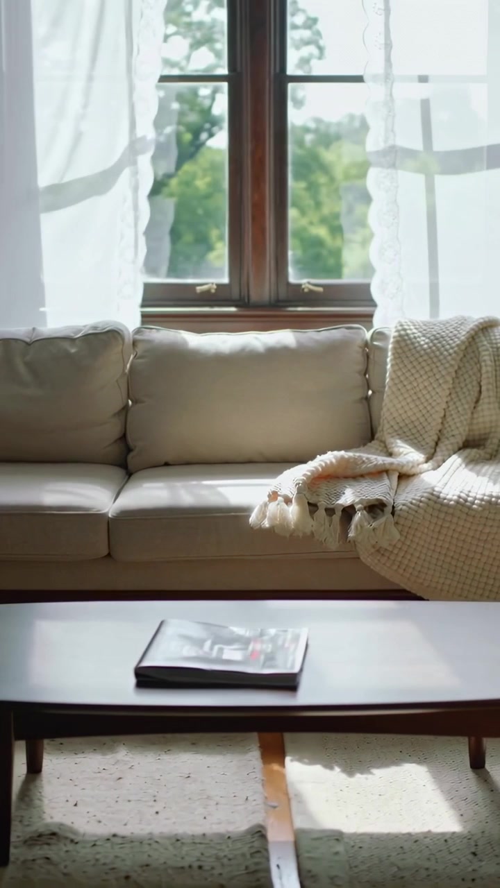 Vertical video: Breeze entering window billowing sheers sunlight casting over beige sofa with throw