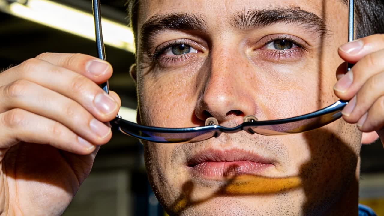 Un uomo adulto prende gli occhiali, sistemando occhiali con lenti colorate sul viso in un laboratorio per allineare le lenti.
