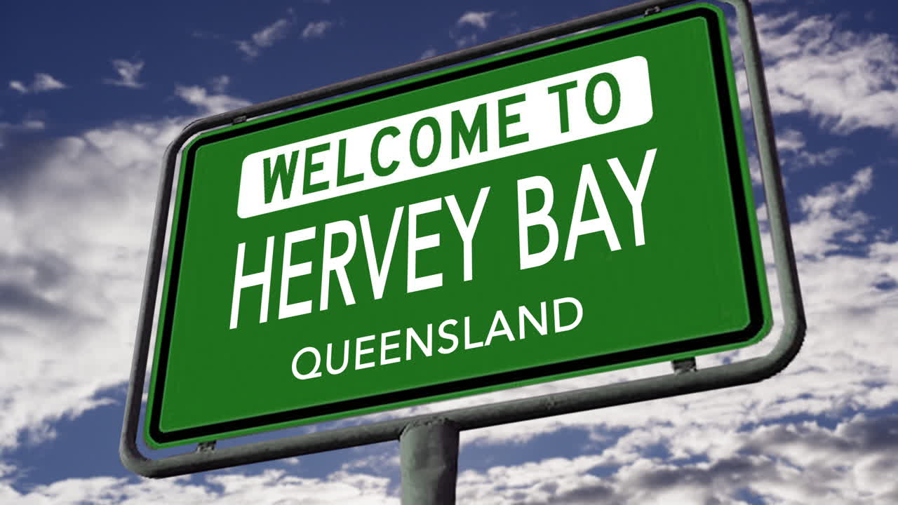 bienvenido a hervey bay, queensland, australia, señal de la ciudad, animación 3d realista