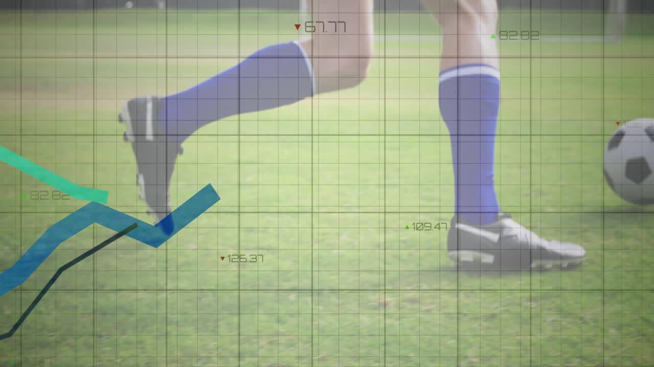 Male soccer player kicking ball on grass, featuring sports analytics grid with colored line graphs
