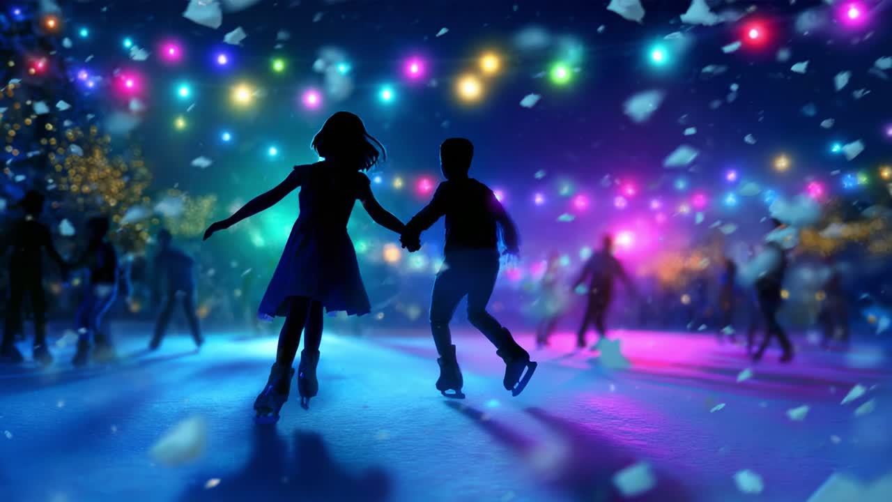 A Magical Winter Evening: Two Children Skating Hand in Hand Under Twinkling Lights Amidst Softly Falling Snowflakes, Creating Lasting Memories of Joy and Fun in a Dreamy Ice Rink Environment