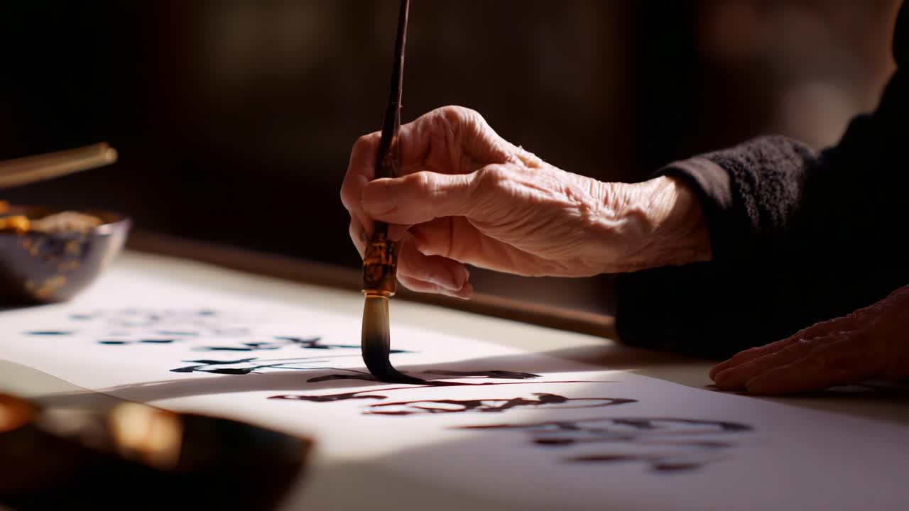 Masterful Calligraphy in Motion: An Artist's Hand Captivatingly Writes Symbolic Characters in Ink, Showcasing the Precision and Beauty of Traditional Brush Techniques