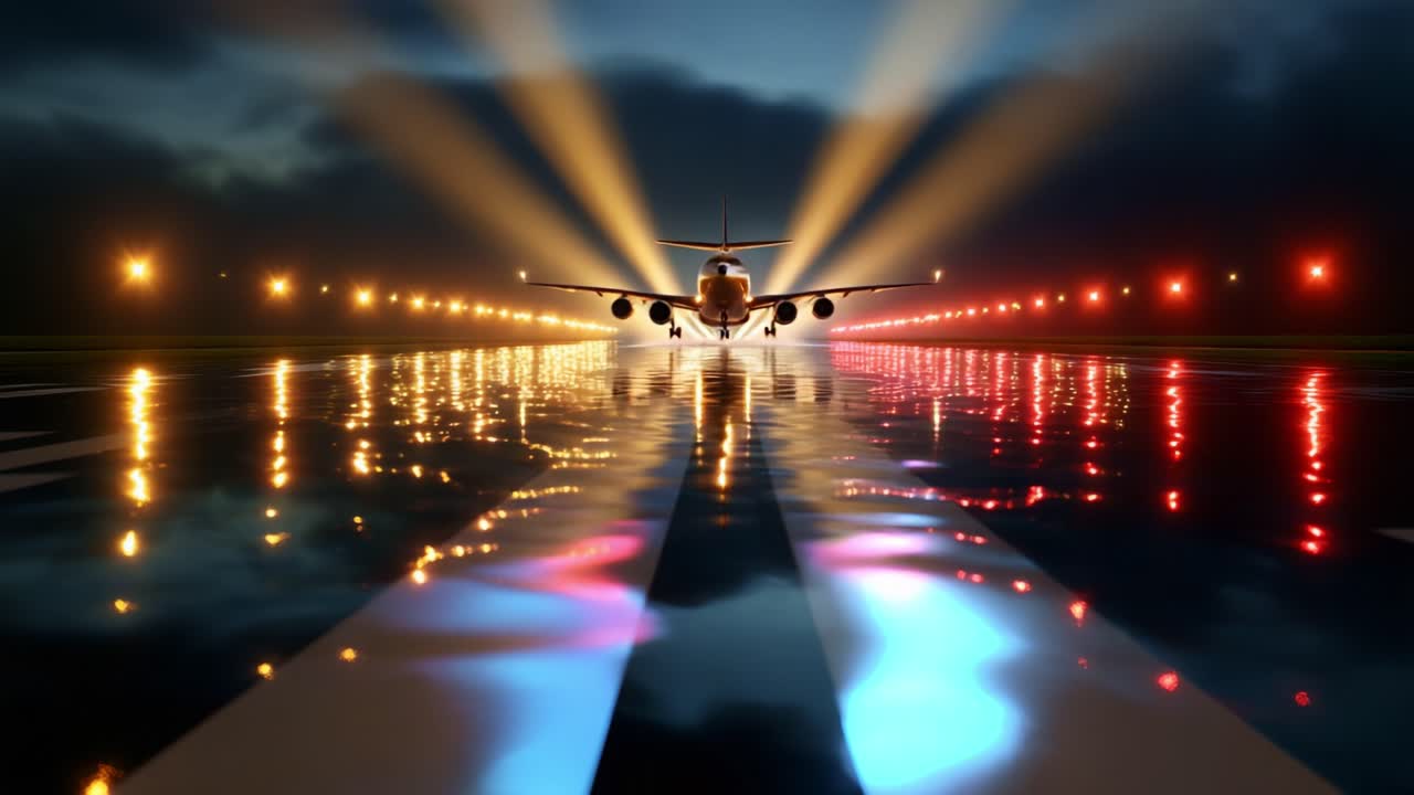 A captivating visual of an aircraft preparing for takeoff, Backlit by an impressive array of runway lights reflecting in the wet surface, striking a balance between technology and nature at dusk
