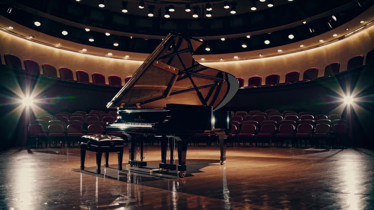 Vleugel op het podium in een leeg theater, vastgelegd vanuit een lage hoek