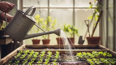 nurturing growth: a hands-on approach to gardening with watering can, showcasing the beauty of greenery and the art of cultivating plants in a cozy, sunlit environment