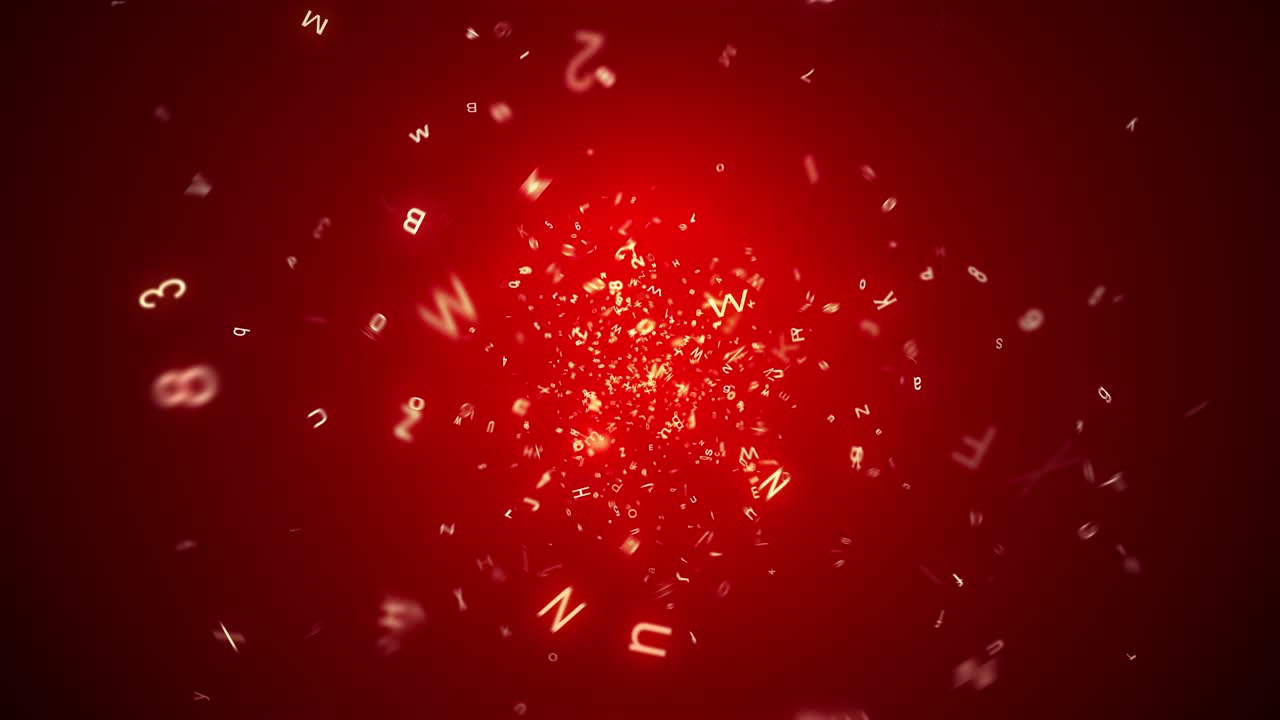 영어 글자와 숫자를 떠다니는 애니메이션: 배경 색은 빨간색입니다.