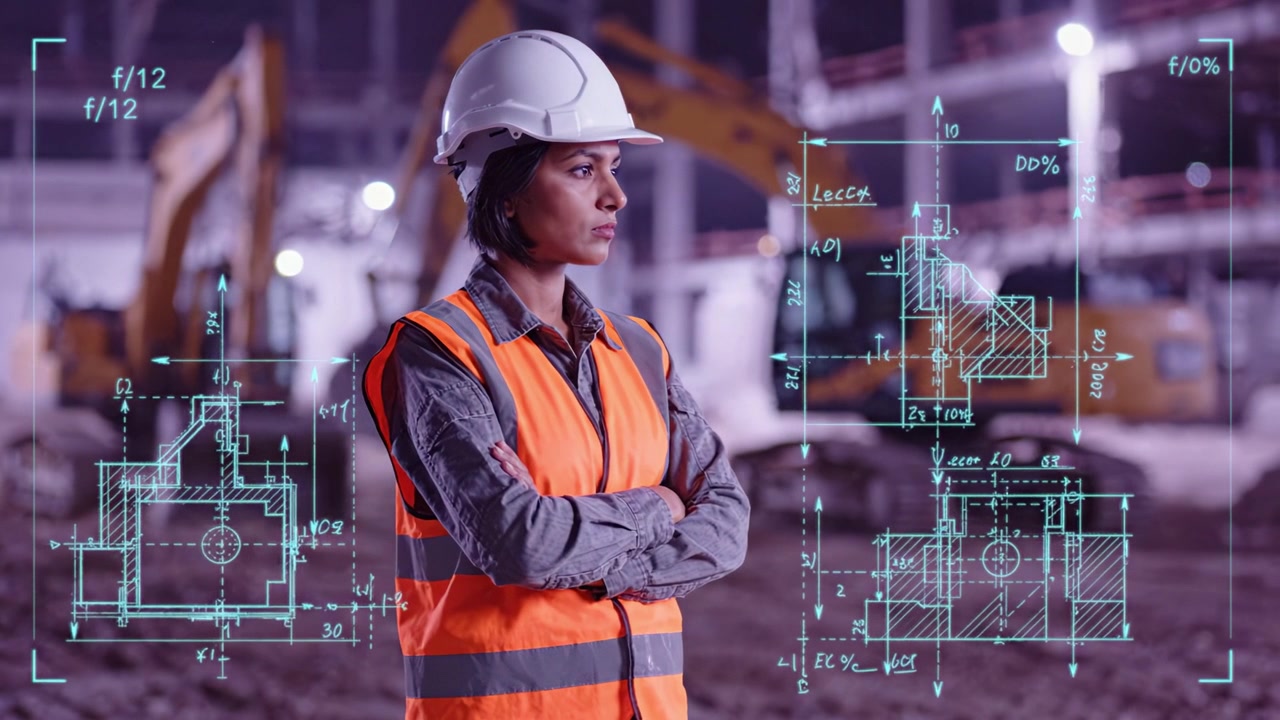 A determined construction worker wearing a safety helmet and vest stands confidently at a building site, surveying plans and the machinery around her.