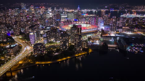 Nacht-Hyperlapse-Aus-Der-Luft-In-Der-Innenstadt-Von-Vancouver