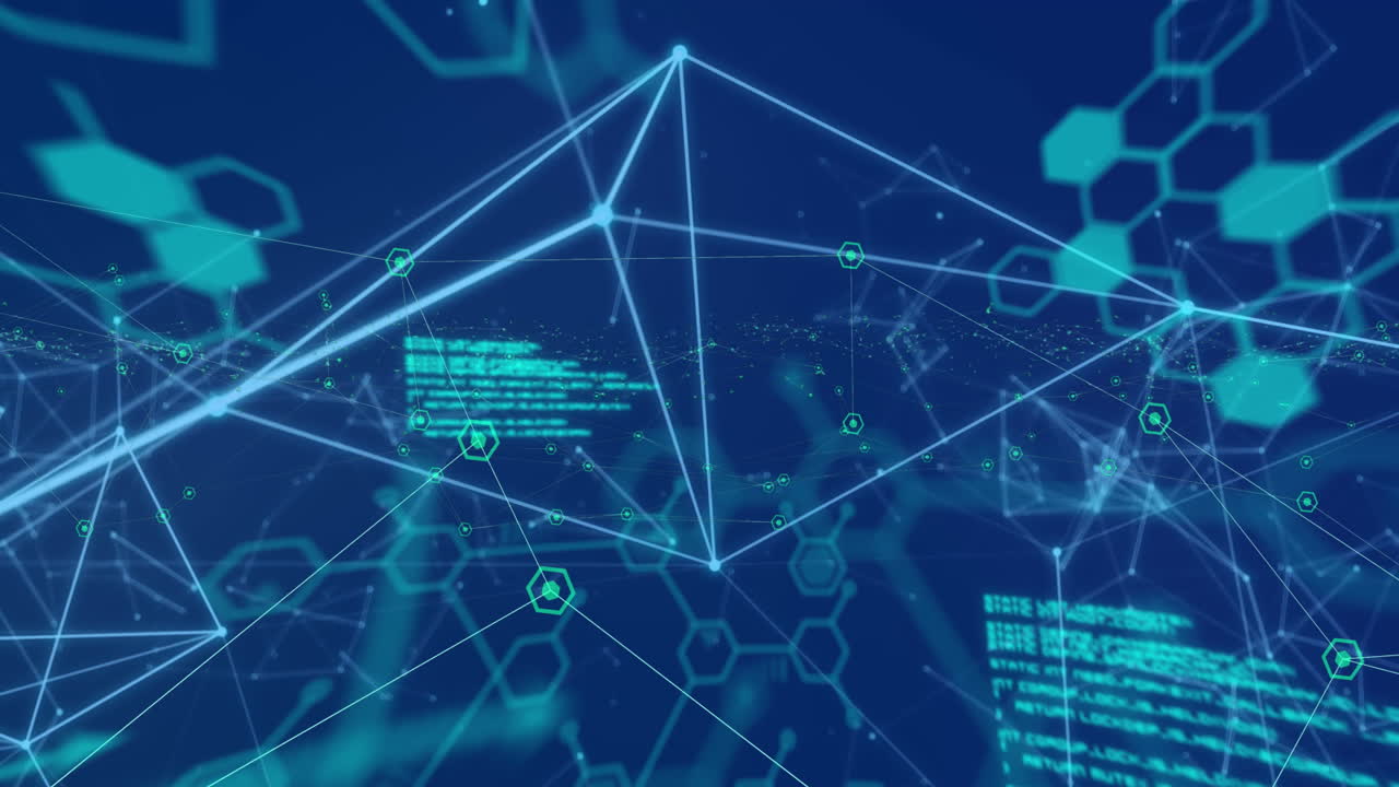 파란색 배경에 데이터 처리를 가진 연결 네트워크의 애니메이션