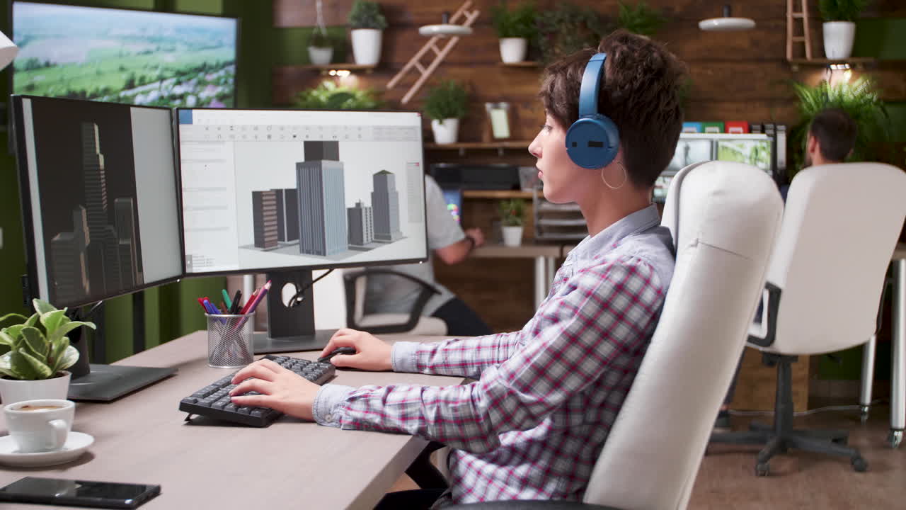 Woman Designing Buildings on Computer at Office