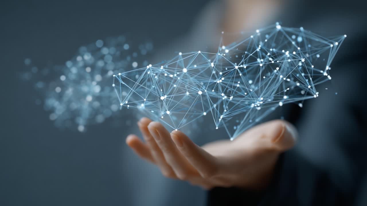 A Powerful Visual Representation of Digital Connections and Data Networks Being Manipulated in a Human Hand, Symbolizing Technology's Impact on Communication and Innovation