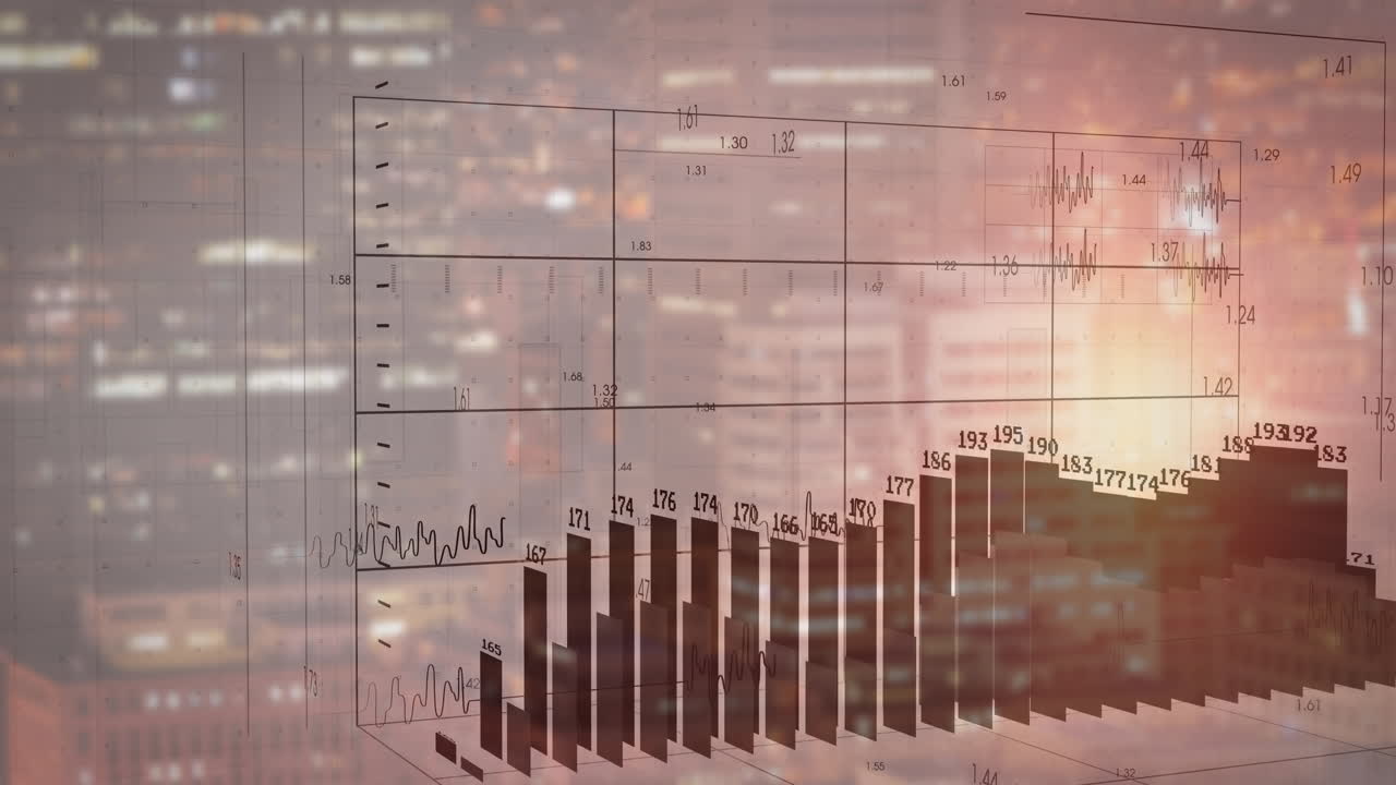 animación del procesamiento de datos financieros sobre el paisaje urbano