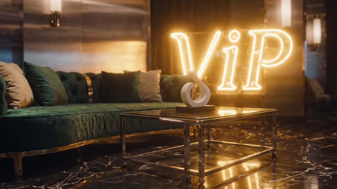 Elegantti ja ylellinen vihreä samettinen istuinalue valaistulla VIP-kyltillä, täydellinen tasokkaisiin kokoontumisiin modernissa lounge-tunnelmassa.