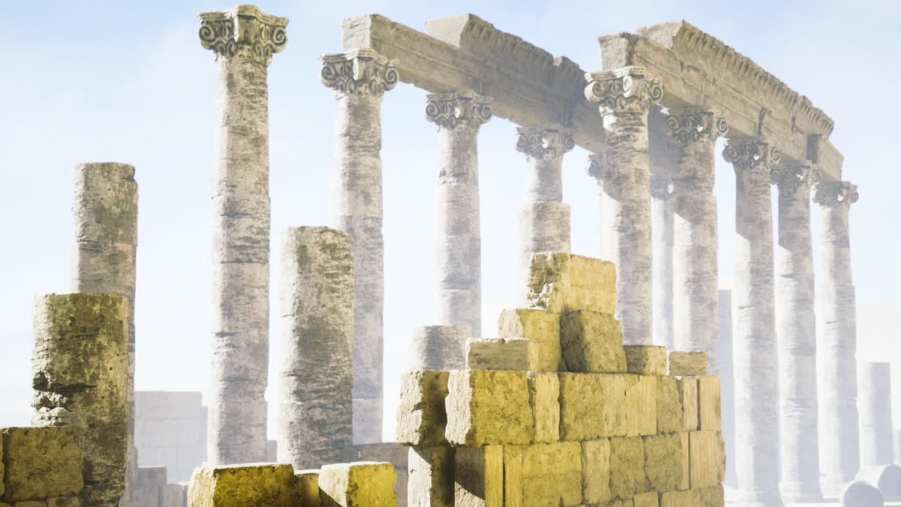 고대 기둥은 역사적인 유적 장소에서 은 하늘을 배경으로 아 있습니다.