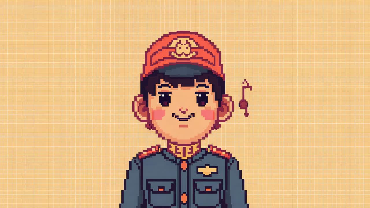 Personaggio pixelato in loop che alza le mani squadrate su una griglia intrecciata, loop sprite in esecuzione che mostra una giacca