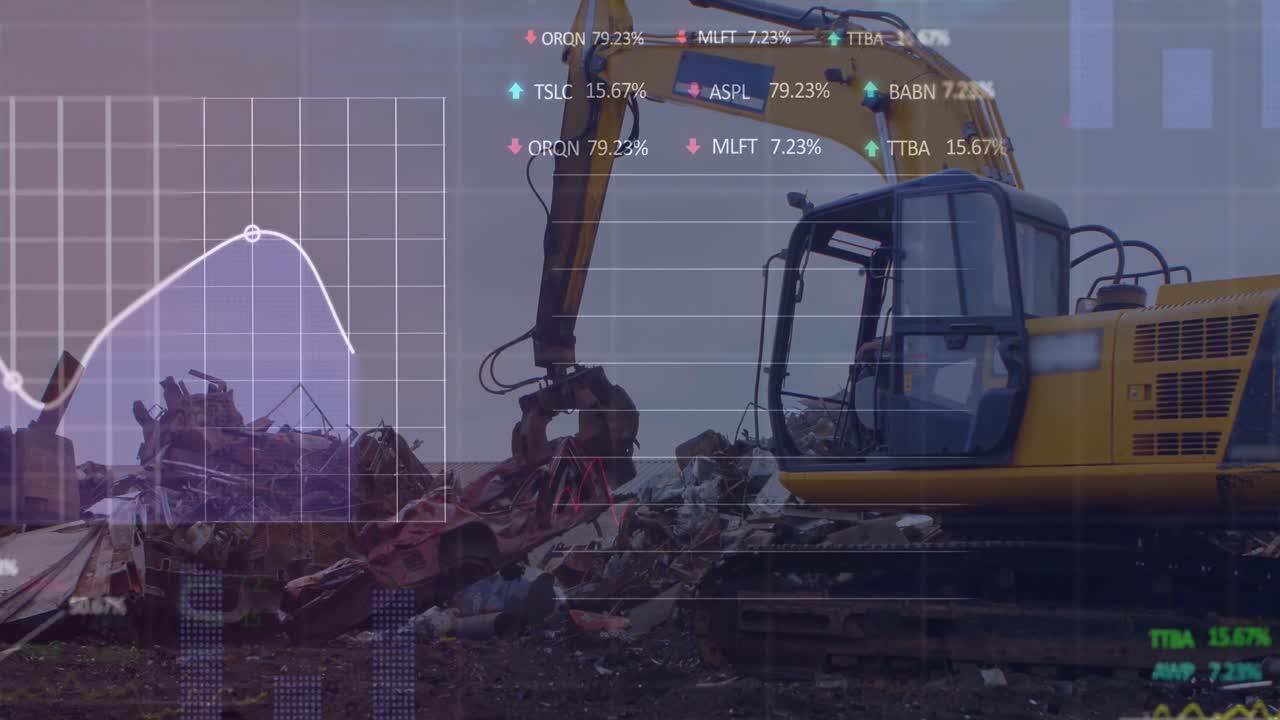 Animation of stock market data processing over hydraulic vehicle operating at junkyard
