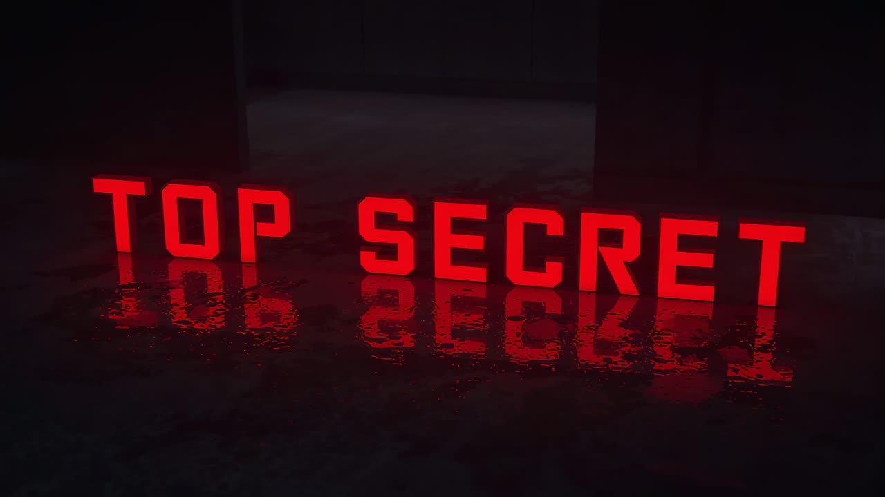 Glowing TOP SECRET letters flickering, sending ripples on wet floor in dark room, signaling secrecy