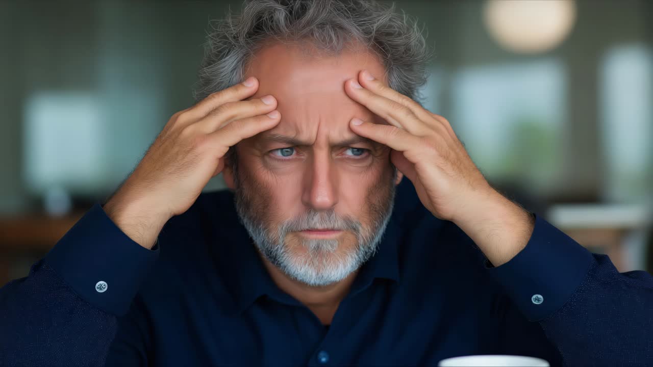 Concerned Elderly Man With Hands On Forehead
