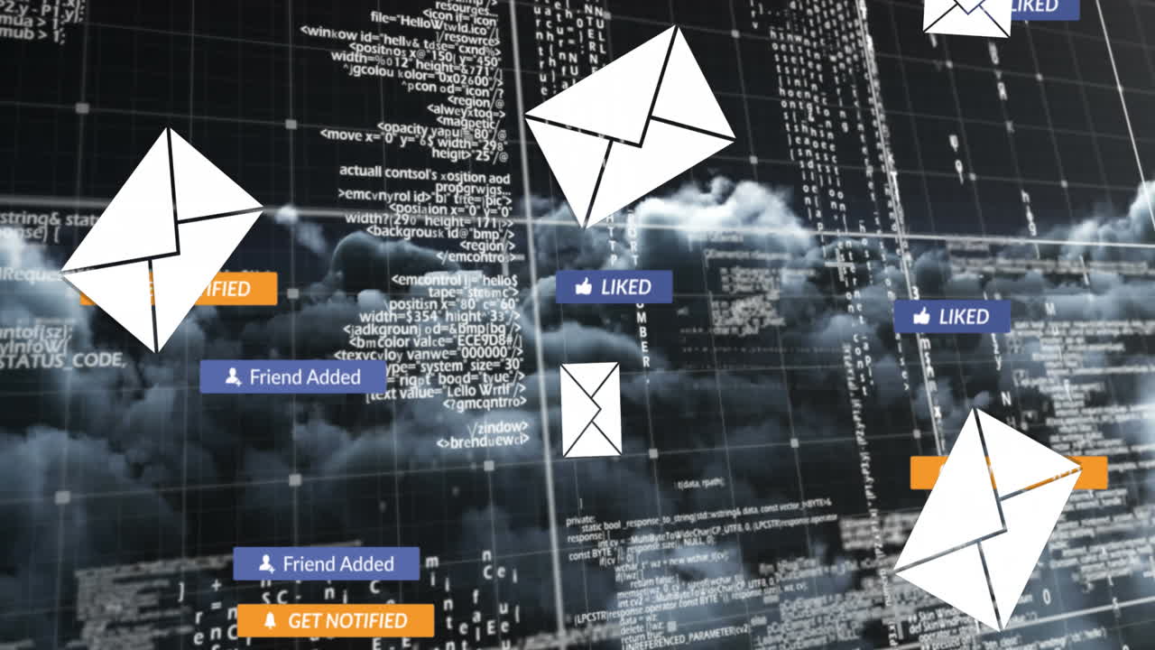 Animation of social media text on banners with digital icons over cityscape