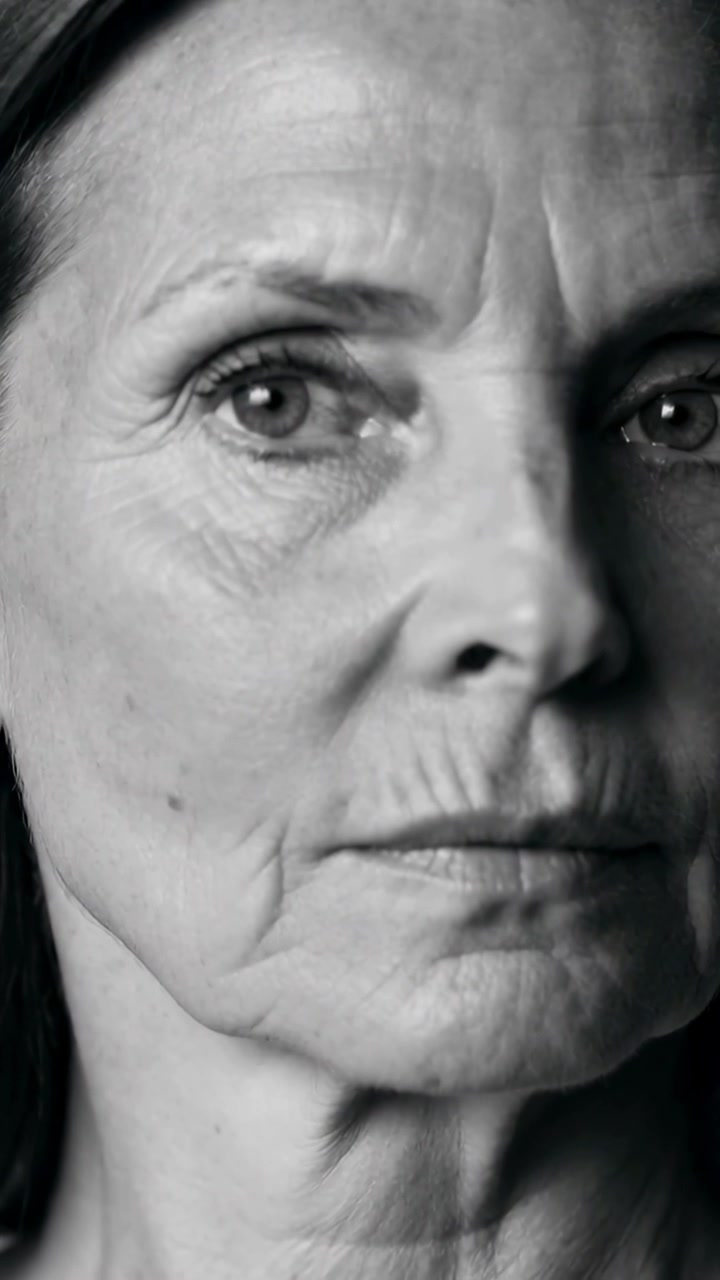 Vertical video: Blinking senior woman doing slow blink from reflex in studio, light showing lines