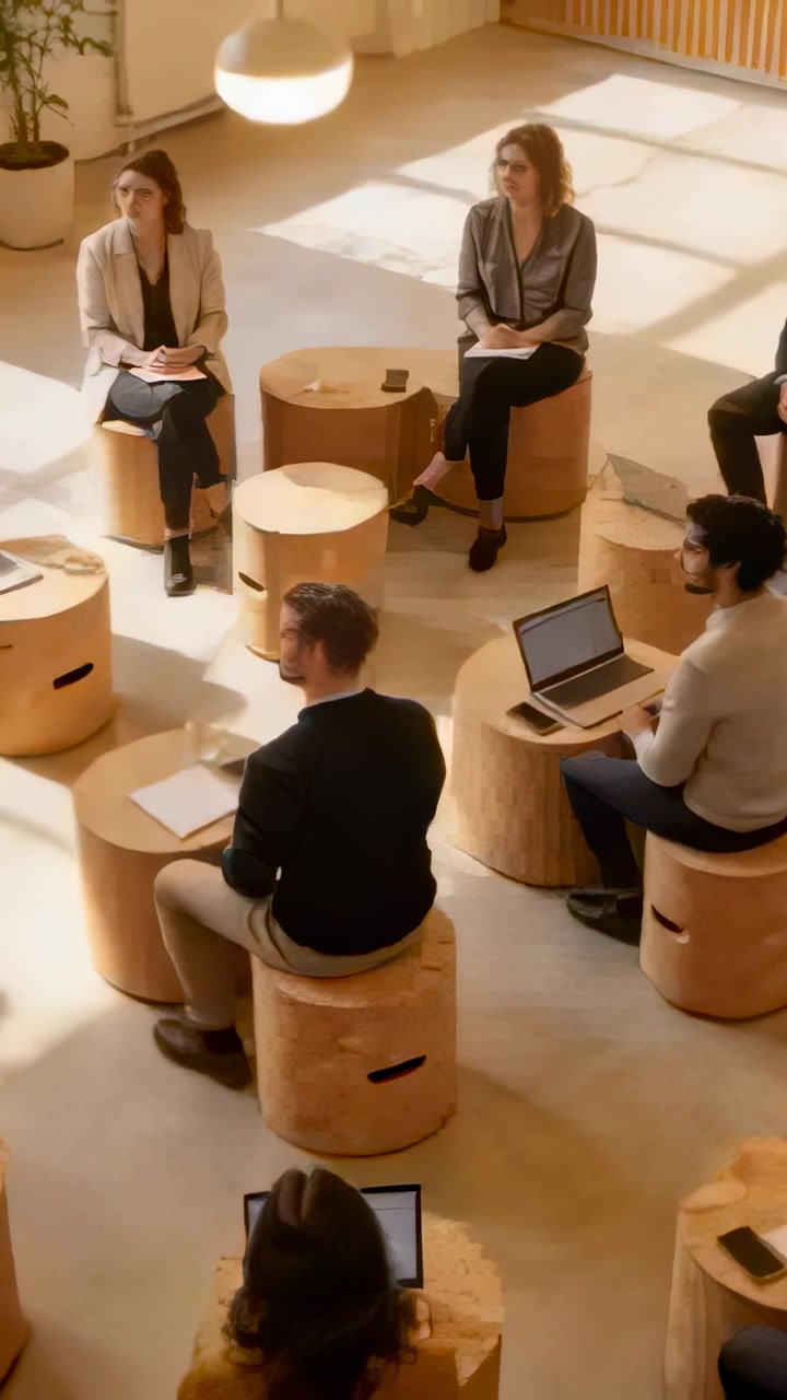 Vertical video: Team in blazers in meeting room reacting to speaker starting, turning with laptops