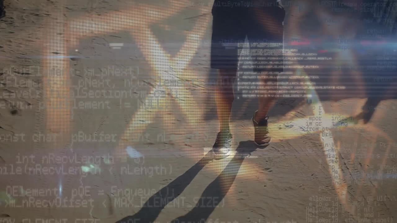 Animation of screen with scientific data and dna over legs of caucasian man running