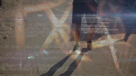 animación de pantalla con datos científicos y adn sobre las piernas de un hombre caucásico corriendo