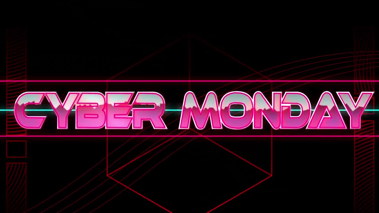 animación del texto de cyber monday sobre formas geométricas rojas sobre fondo negro