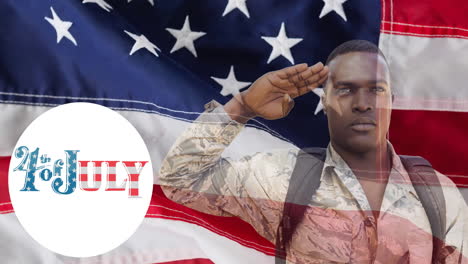 animation of 4th of july text with male soldier saluting over american flag