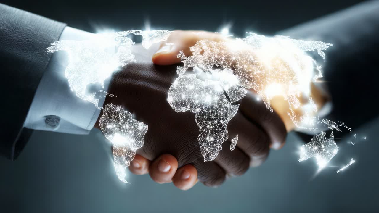 A Powerful Symbol of Global Unity and Collaboration: Two Hands Shaking Over a Digital World Map Representing International Cooperation and Understanding Across Diverse Cultures
